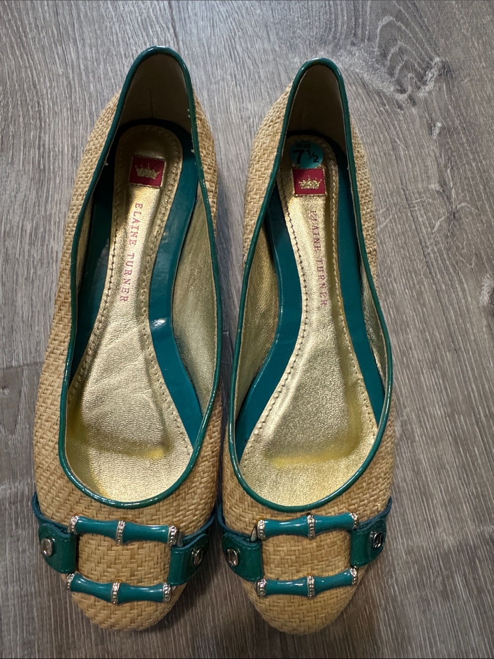 Elaine Turner Teal-Trim Straw Ballet Flats